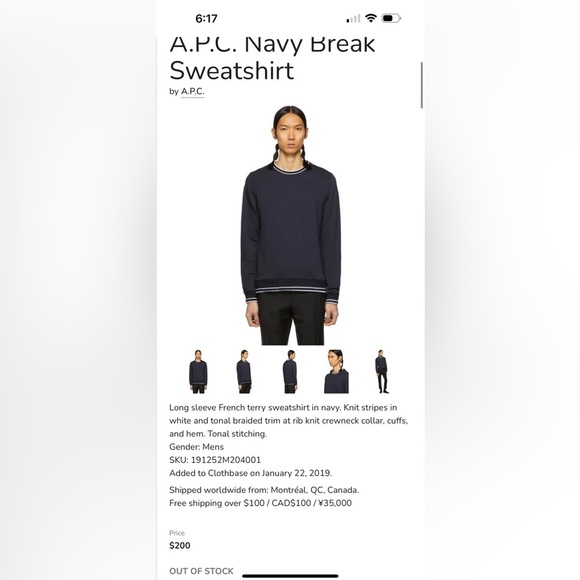 A.P.C. Navy Break Sweatshirt NWOT Size Medium - Picture 3 of 8